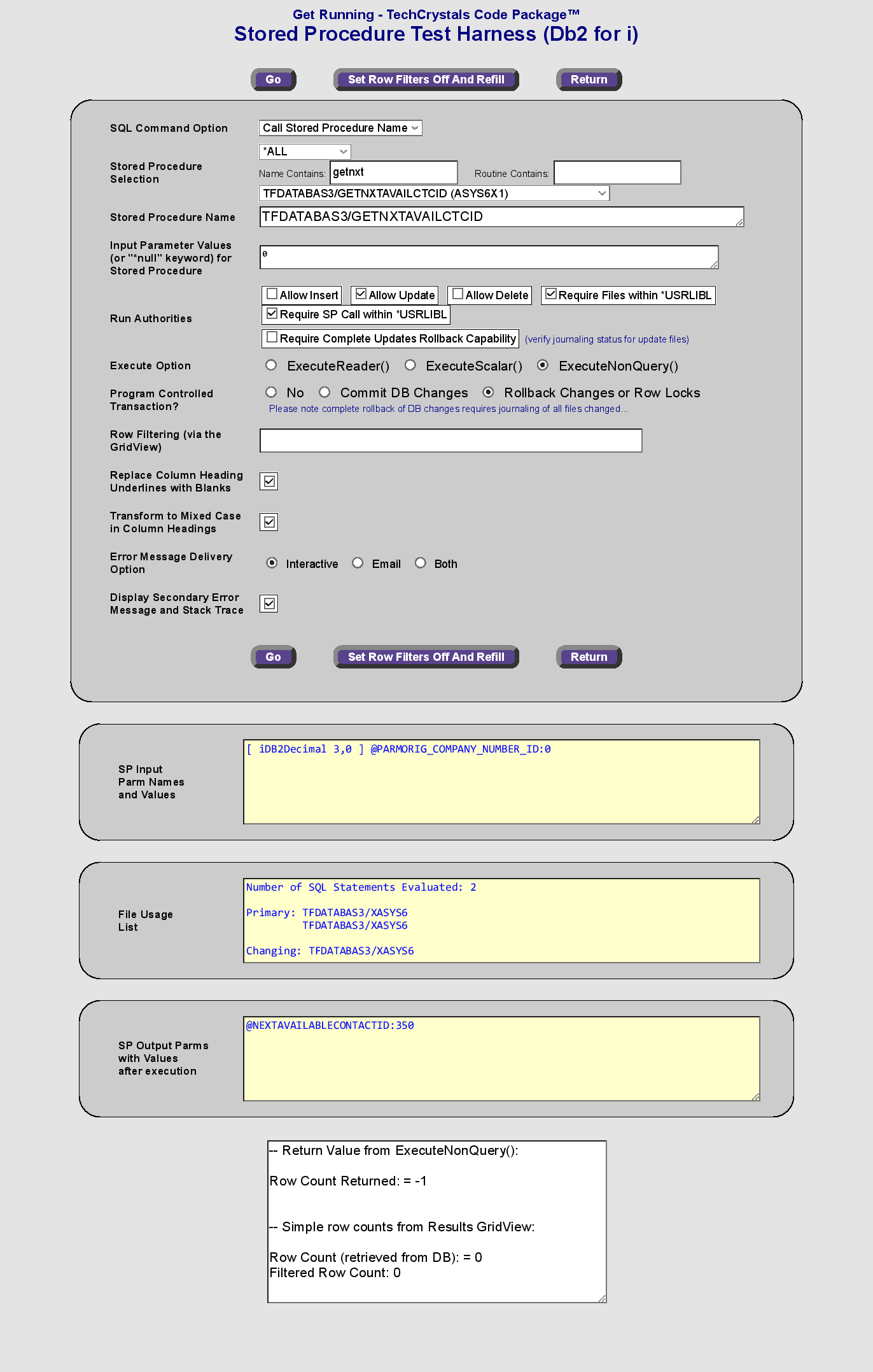 Stored Procedure Test Harness (Db2 for i) example showing testing of stored procedure without result set output